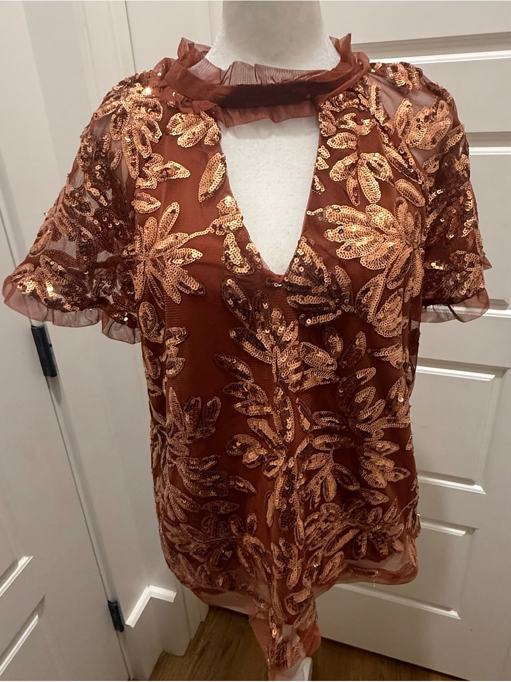 Anthropologie. Anthropologie Cut-Out Sequined Blouse. Copper/Bronze. Size XS.